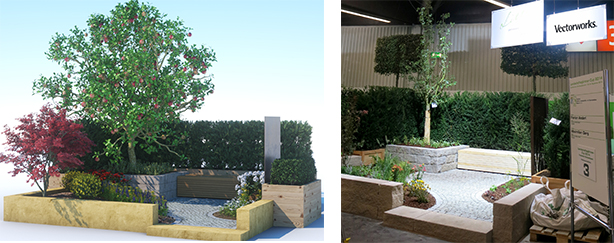 links: Visualisierung mit Vectorworks und CINEMA 4D – rechts: fertiger Garten