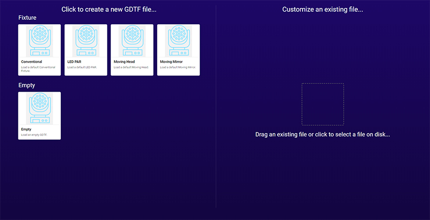 Die Startseite des GDTF Fixture Builders