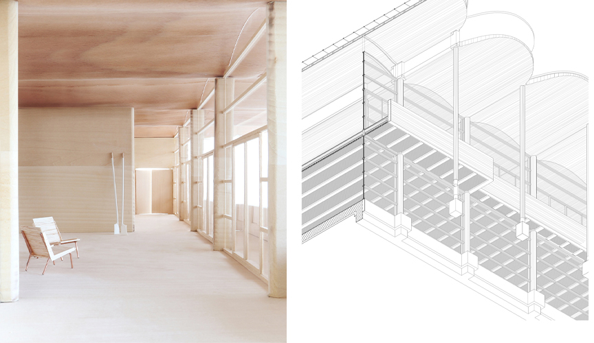 Der Ruderklub als Modell sowie die isometrische Untersicht mit abgesprengter Dachkonstruktion und Bauteilfügung