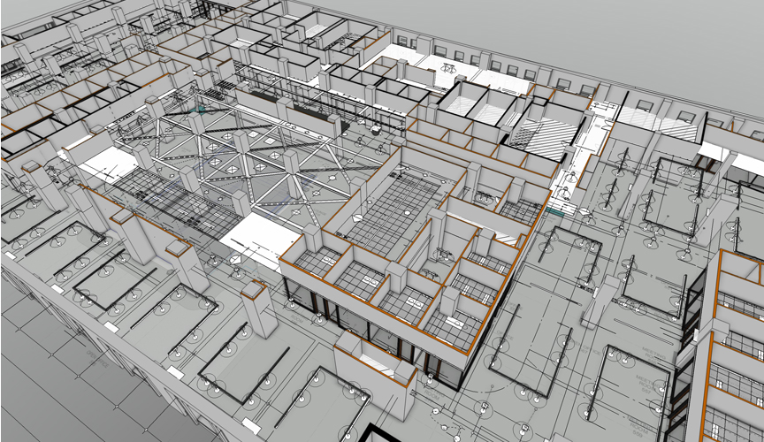 Eine Planzeichnung und das dazugehörige 3D-Modell