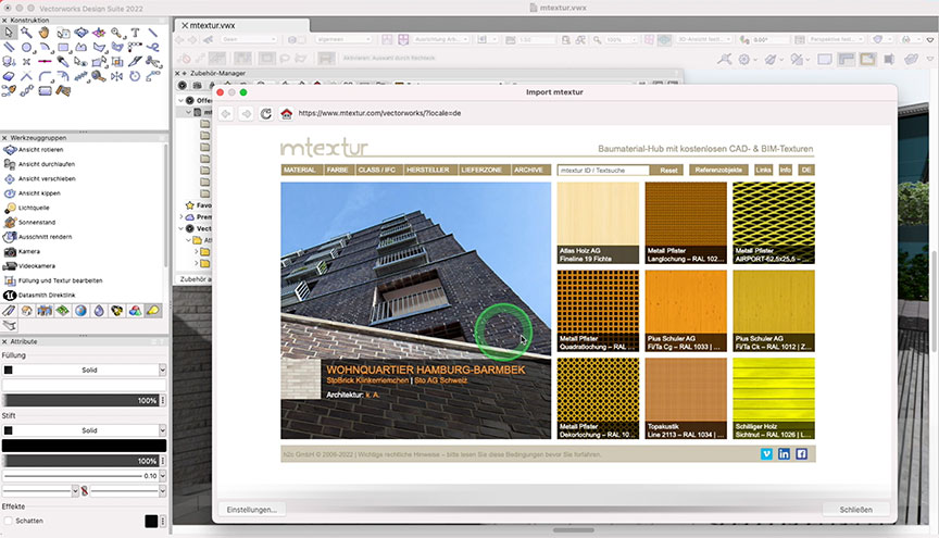 Über 50000 Texturen können über die mtextur-Schnittstelle in Vectorworks direkt in den Zubehörmanager importiert werden.